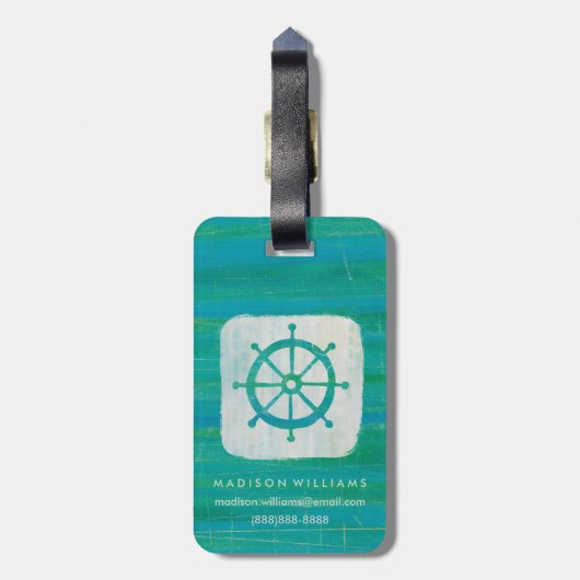 Jouw naam toevoegen | Kustkunst | Aqua stuurwiel Bagagelabel (Achterkant verticaal)
