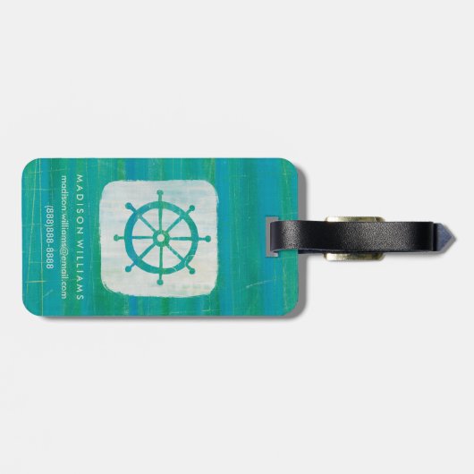 Jouw naam toevoegen | Kustkunst | Aqua stuurwiel Bagagelabel (Achterkant horizontaal)