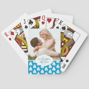 Jouw naam toevoegen   Light Blue Sailboat Patroon Pokerkaarten