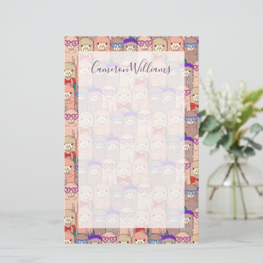Jouw naam toevoegen | Llama-patroon met Trendy-dru Briefpapier (Staand voorkant)
