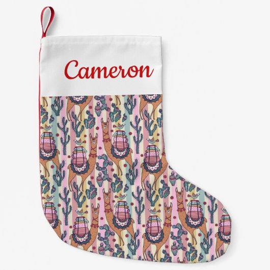 Jouw naam toevoegen | Llamas on Stripes Pattern Kleine Kerstsok (Voorkant)