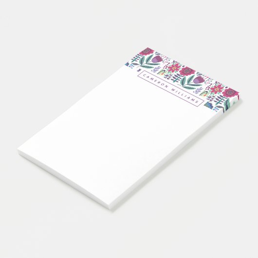 Jouw naam toevoegen | Magenta Folk Art Floral Patt Post-it® Notes (Schuin)