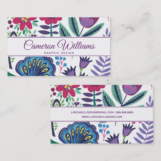 Jouw naam toevoegen | Magenta Folk Art Floral Patt Visitekaartje (Voorkant / Achterkant)