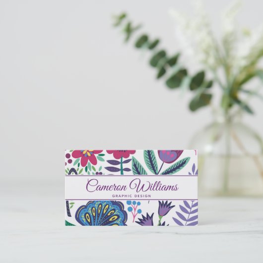 Jouw naam toevoegen | Magenta Folk Art Floral Patt Visitekaartje (Staand voorkant)