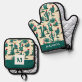 Jouw naam toevoegen | Patroon met groene en rode c Ovenwant & Pannenlap Set (Voorkant / Achterkant)