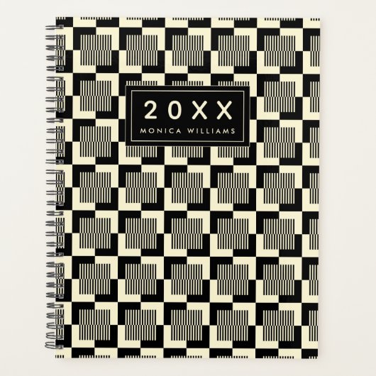 Jouw naam toevoegen | Retro Black en Tan Pattern Planner (Voorkant)