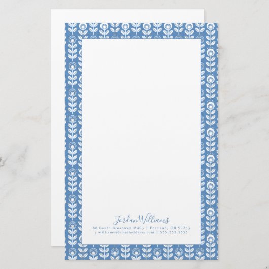Jouw naam toevoegen | Retro Scandinavian Blue Patt Briefpapier (Voorkant / Achterkant)