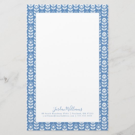 Jouw naam toevoegen | Retro Scandinavian Blue Patt Briefpapier (Voorkant)