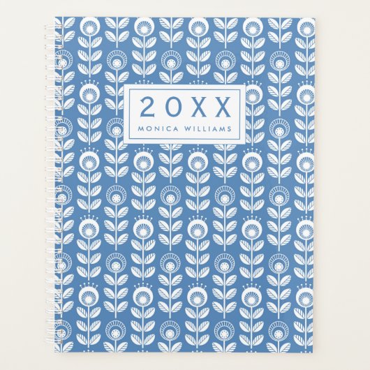 Jouw naam toevoegen | Retro Scandinavian Blue Patt Planner (Voorkant)