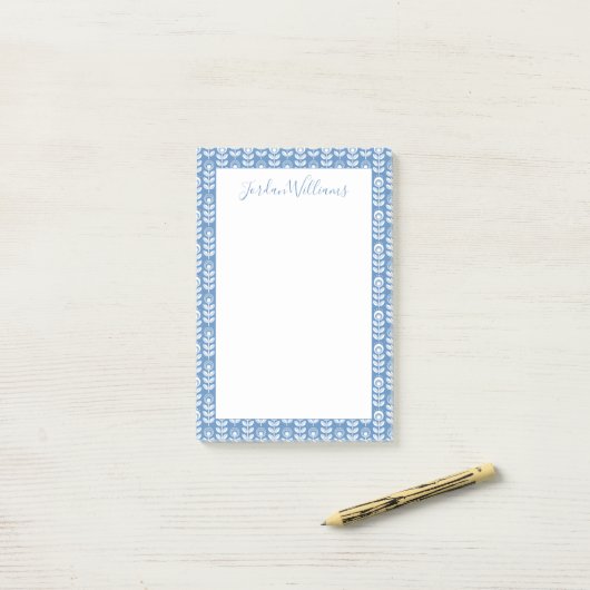 Jouw naam toevoegen | Retro Scandinavian Blue Patt Post-it® Notes (Op bureau)