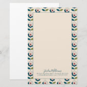 Jouw naam toevoegen | Retro Turquoise Floral Patte Briefpapier (Voorkant / Achterkant)
