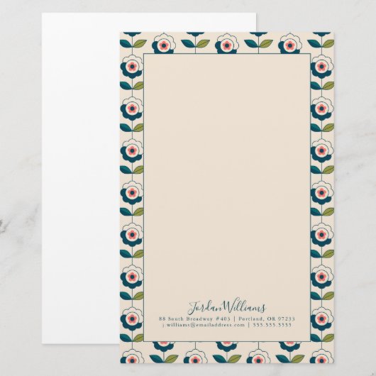 Jouw naam toevoegen | Retro Turquoise Floral Patte Briefpapier (Voorkant / Achterkant)