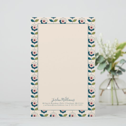 Jouw naam toevoegen | Retro Turquoise Floral Patte Briefpapier (Staand voorkant)