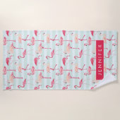 Jouw naam toevoegen | Retroflamingos op mintstrips Strandlaken (Voorkant)