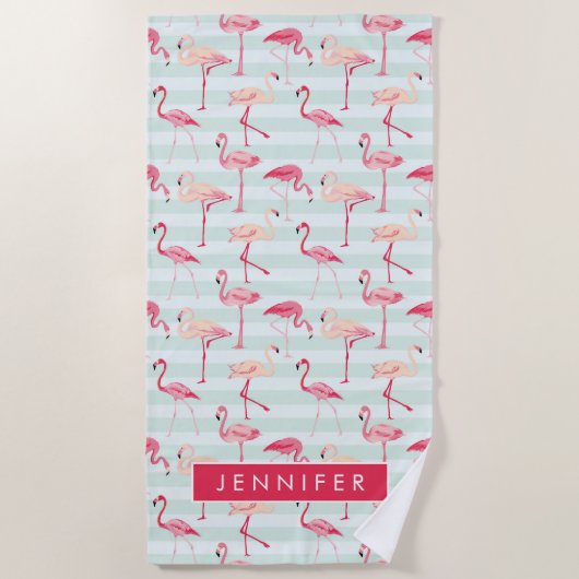 Jouw naam toevoegen | Retroflamingos op mintstrips Strandlaken (Voorkant)