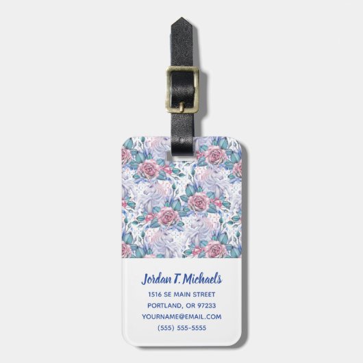 Jouw naam toevoegen | Roze en blauw Roos Bagagelabel (Voorkant verticaal)