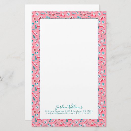 Jouw naam toevoegen | Roze tandheelkundig patroon Briefpapier (Voorkant / Achterkant)