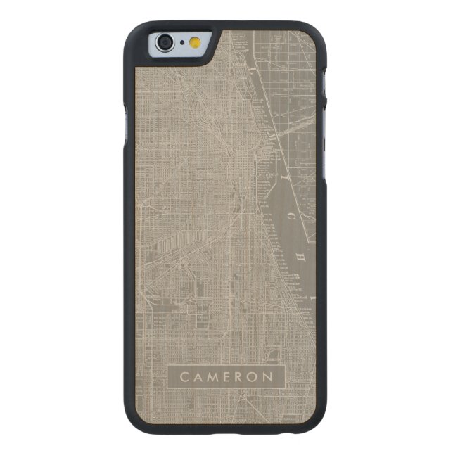 Jouw naam toevoegen | Schets van Chicago City Map Carved Wood iPhone Hoesje (Achterkant)