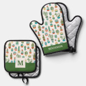 Jouw naam toevoegen | Succulent Patroon Ovenwant & Pannenlap Set (Voorkant / Achterkant)