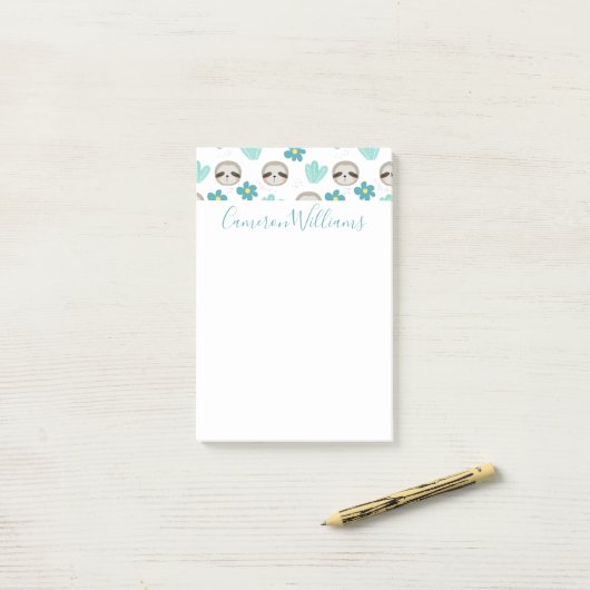 Jouw naam toevoegen | Sweet Sloth Floral Pattern Post-it® Notes (Op bureau)