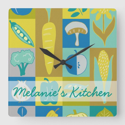 Jouw naam toevoegen | Veggie Blocks II Vierkante Klok (Voorkant)