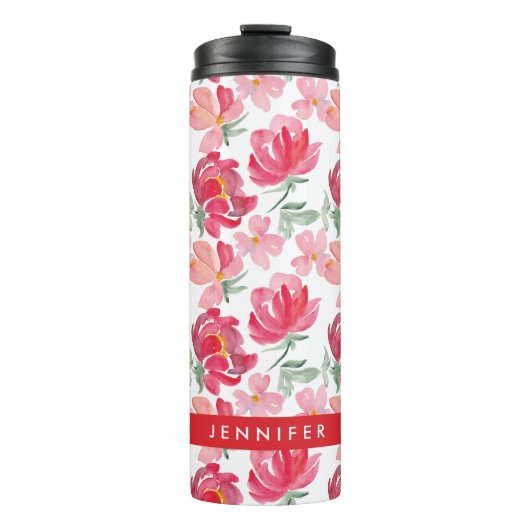 Jouw naam toevoegen | Waterverf Peony Pattern Thermosbeker (Voorkant)
