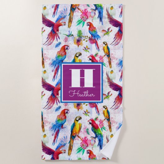 Jouw naam toevoegen | Waterverf Stijlparrots Strandlaken (Voorkant)