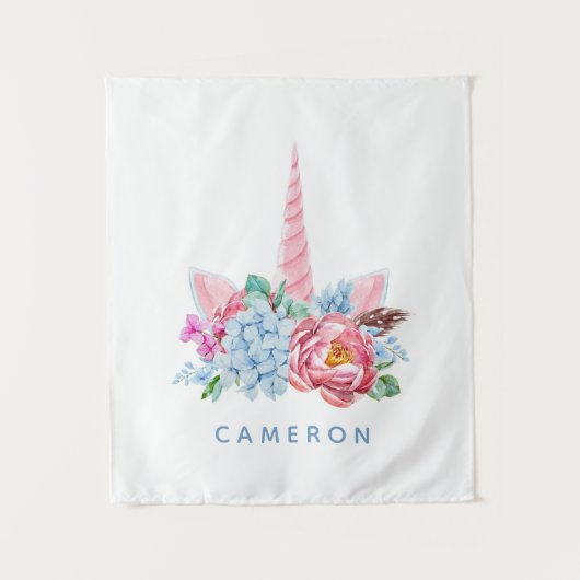 Jouw naam toevoegen | Waterverf Unicorn Floral Cro Wandkleed (Voorkant)