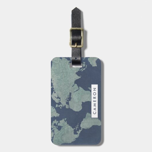 Jouw naam toevoegen | Wereldkaart blauwe linen Bagagelabel (Voorkant verticaal)