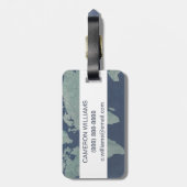 Jouw naam toevoegen | Wereldkaart blauwe linen Bagagelabel (Achterkant verticaal)