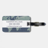 Jouw naam toevoegen | Wereldkaart blauwe linen Bagagelabel (Achterkant horizontaal)