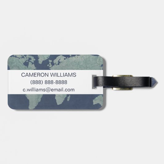 Jouw naam toevoegen | Wereldkaart blauwe linen Bagagelabel (Achterkant horizontaal)