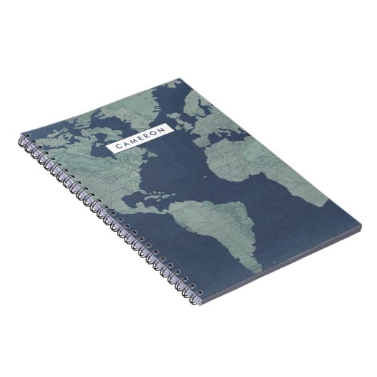 Jouw naam toevoegen | Wereldkaart blauwe linen Notitieboek (Rechterzijde)