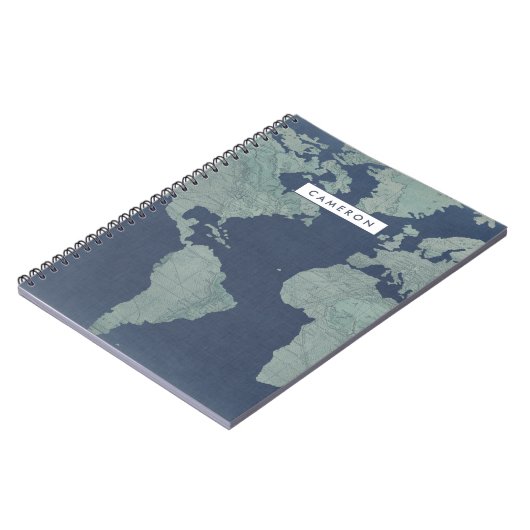 Jouw naam toevoegen | Wereldkaart blauwe linen Notitieboek (Linkerzijde)