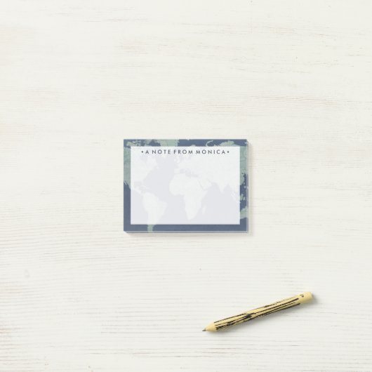 Jouw naam toevoegen | Wereldkaart blauwe linen Post-it® Notes (Op bureau)