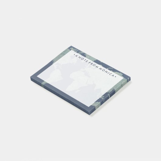 Jouw naam toevoegen | Wereldkaart blauwe linen Post-it® Notes (Schuin)
