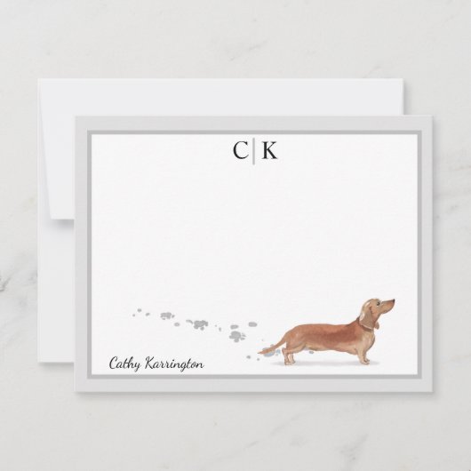 Jouw naam van bruine dachshund Gray Border Monogra Notitiekaartje (Voorkant)