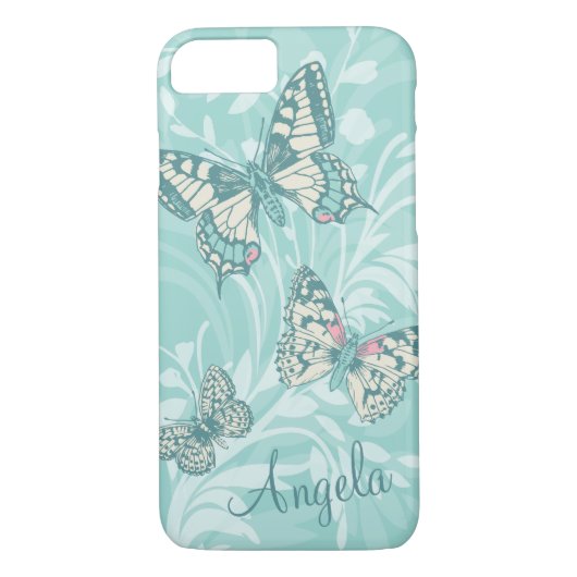 Jouw naam vlinders florale blauwgroen draagtas toe Case-Mate iPhone case (Achterkant)