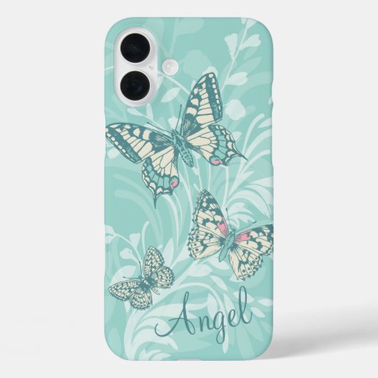 Jouw naam vlinders florale blauwgroen draagtas toe Case-Mate iPhone case (Achterkant)