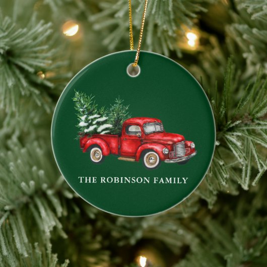 Jouw naam Waterverf Red Truck Trees Green Keramisch Ornament (Boom)