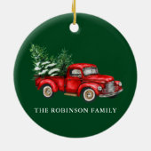 Jouw naam Waterverf Red Truck Trees Green Keramisch Ornament (Achterkant)