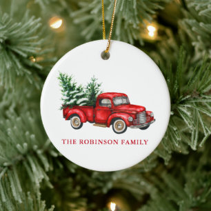 jouw naam Waterverf Red Truck Trees Snow Keramisch Ornament