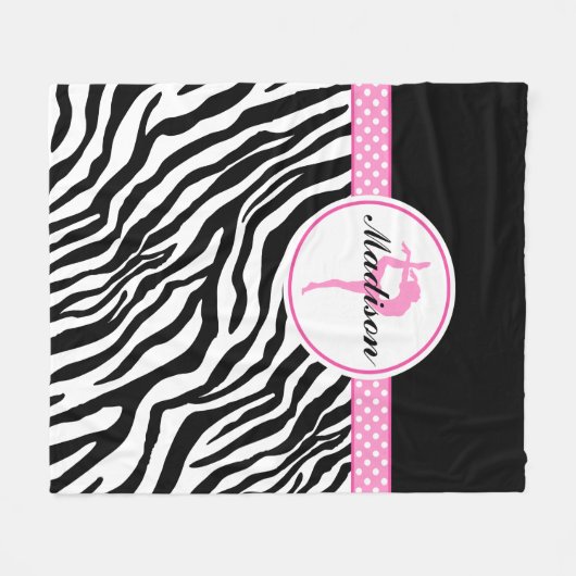 jouw naam Zebra Print Gymnastiek met roze details Fleece Deken (Voorkant (Horizontaal))