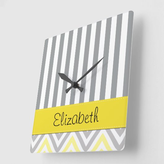 jouw naam - Zigzag Pattern, Chevron - Geel Grijs Vierkante Klok (Hoek)