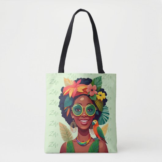 Jouw naam, zwarte vrouw, tropische bloemen en pape tote bag (Voorkant)