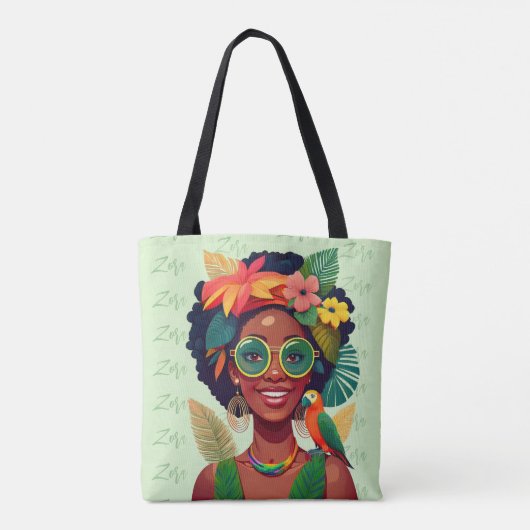 Jouw naam, zwarte vrouw, tropische bloemen en pape tote bag (Achterkant)