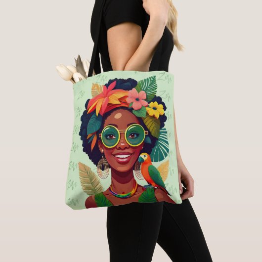 Jouw naam, zwarte vrouw, tropische bloemen en pape tote bag (Dichtbij)
