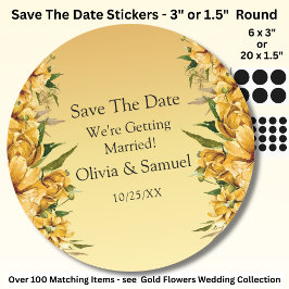 Jouw Namen, Bewaar De Datum, Gouden Gele Bloemen Ronde Sticker