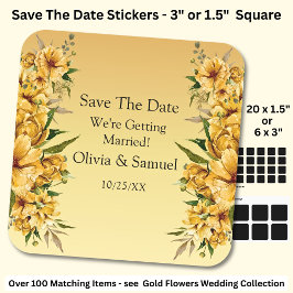 Jouw Namen, Save The Date, Goud Gele Bloemen Vierkante Sticker