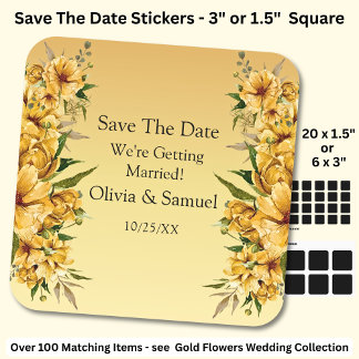 Jouw Namen, Save The Date, Gouden Gele Bloemen Vierkante Sticker